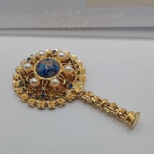 Vintage Sam Fink SF ,Elegant Gold and Blue Mirror with Pearls